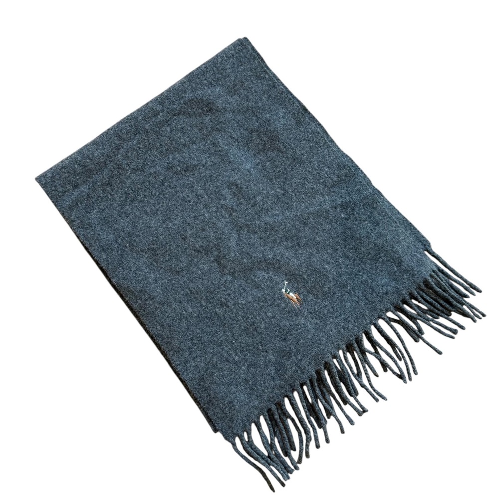 Polo Ralph Lauren Cashmere Lambswool Scarf Gray Made in‎ Italy Embroidered Pony
